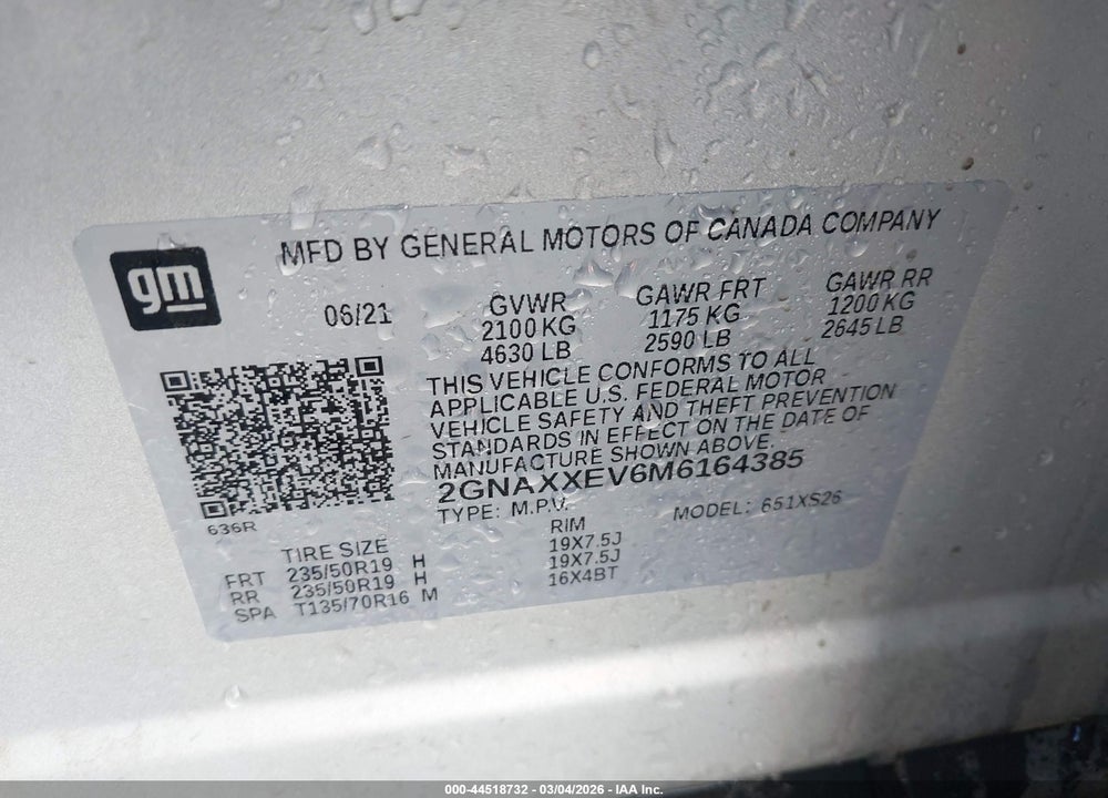 2021 CHEVROLET EQUINOX AWD PREMIER VIN: 2GNAXXEV6M6164385