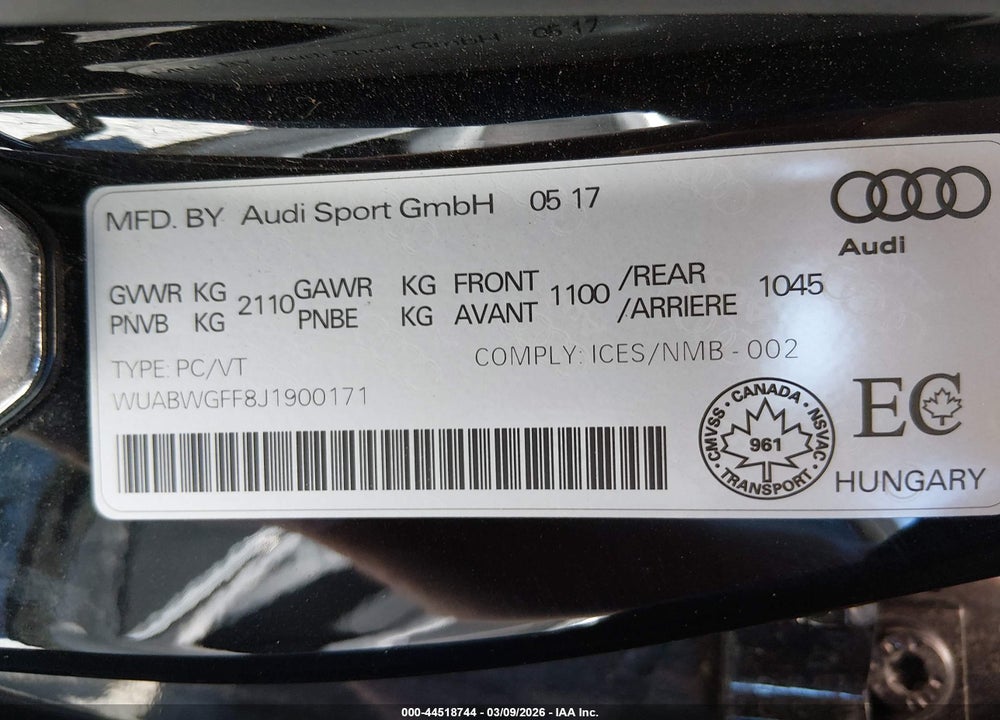 2018 AUDI RS 3 2.5T VIN: WUABWGFF8J1900171