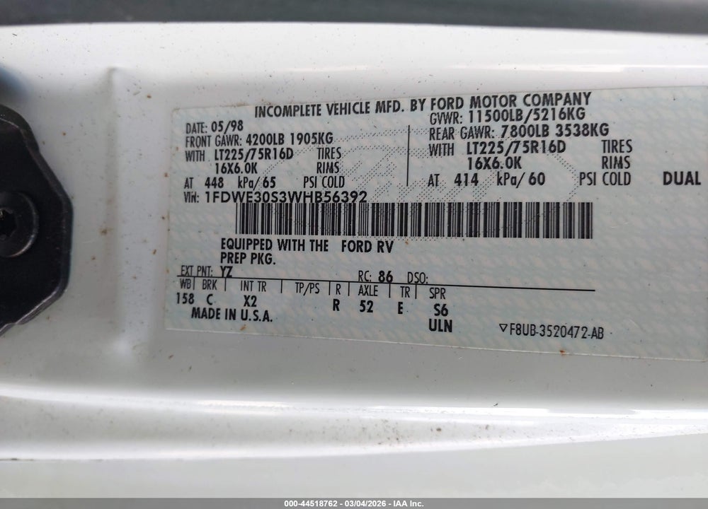 1998 FORD ECONOLINE E350 CUTAWAY VAN VIN: 1FDWE30S3WHB56392