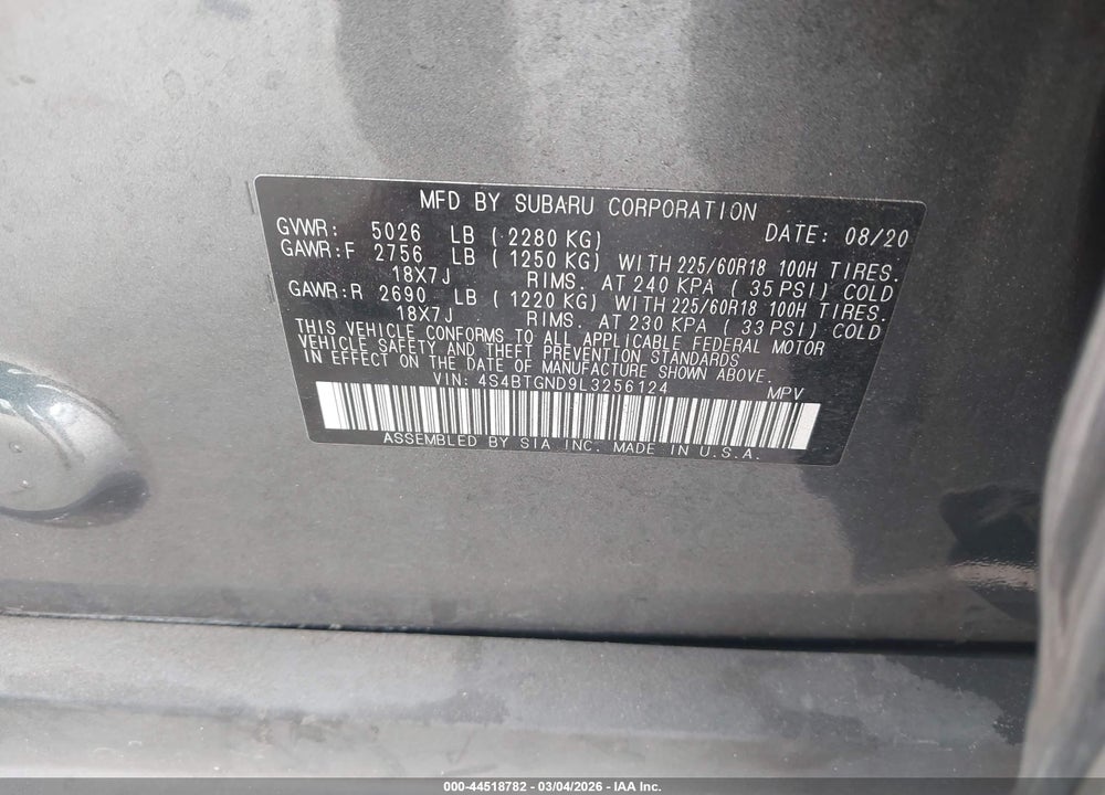 2020 SUBARU OUTBACK LIMITED XT VIN: 4S4BTGND9L3256124