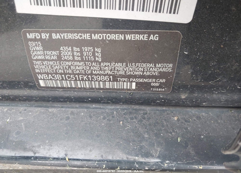 2015 BMW 320I VIN: WBA3B1C51FK139861