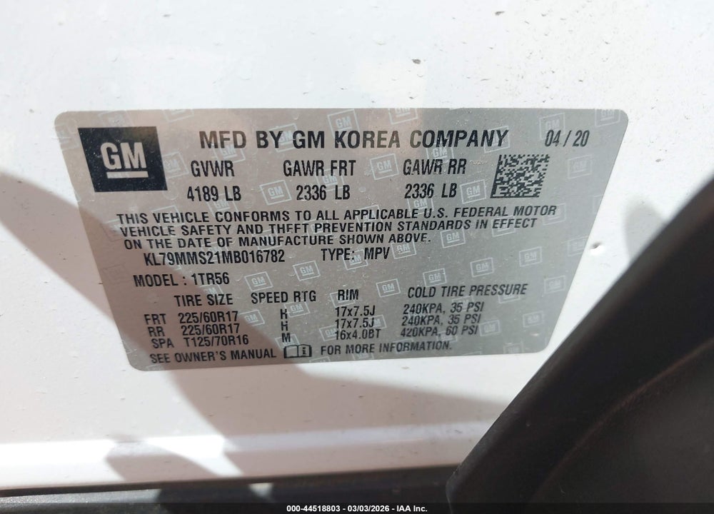 2021 CHEVROLET TRAILBLAZER FWD LS VIN: KL79MMS21MB016782