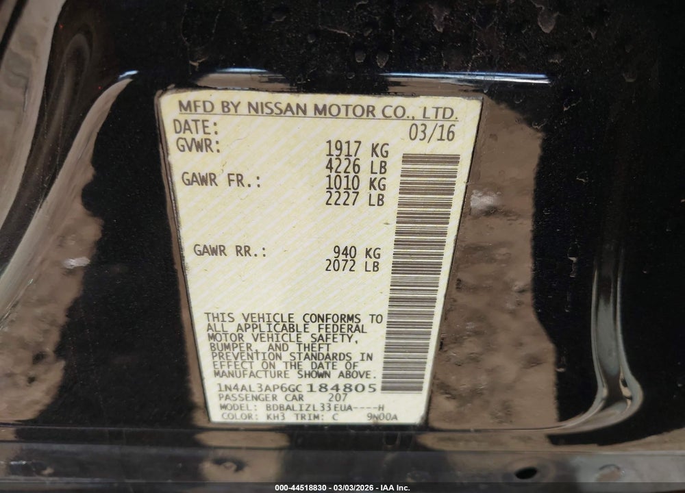 2016 NISSAN ALTIMA 2.5 SV VIN: 1N4AL3AP6GC184805