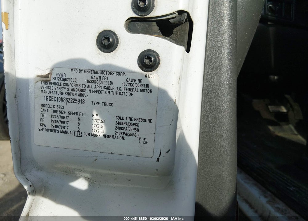 2006 CHEVROLET SILVERADO 1500 WORK TRUCK VIN: 1GCEC19V86Z225918