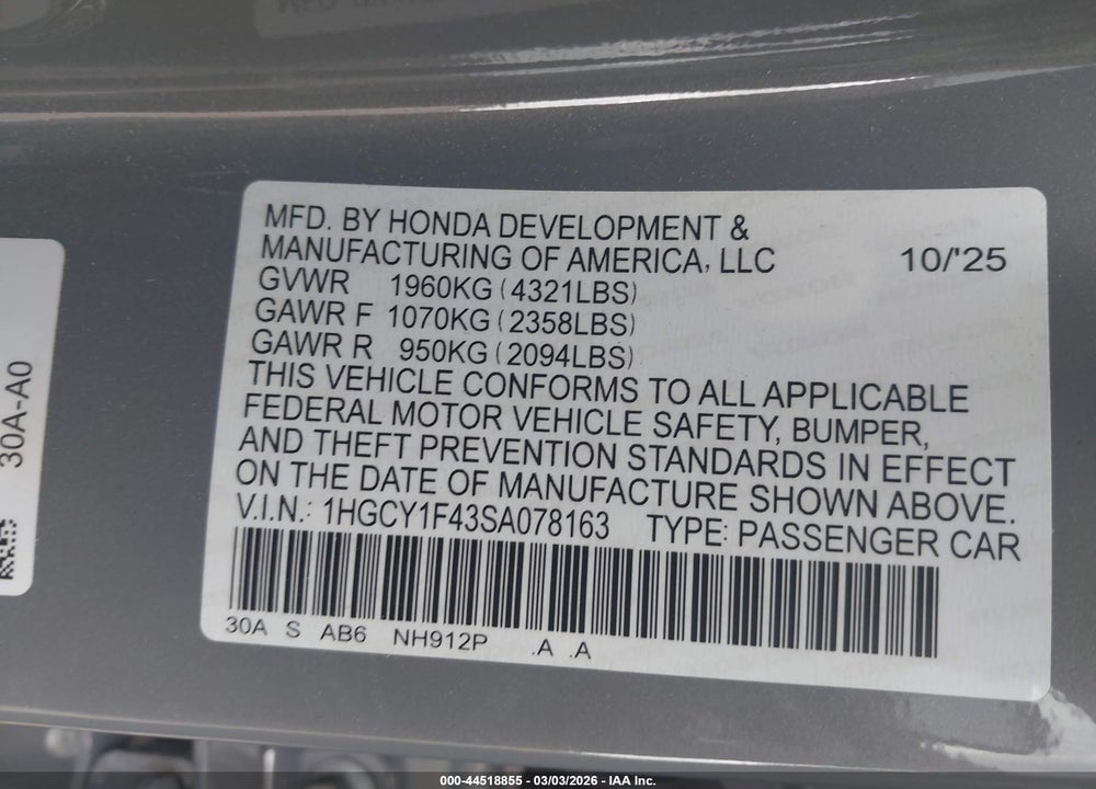 2025 HONDA ACCORD SE VIN: 1HGCY1F43SA078163
