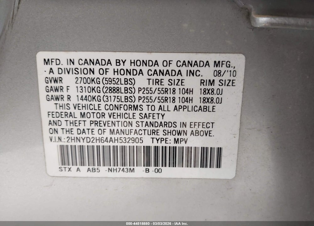 2010 ACURA MDX TECHNOLOGY PACKAGE VIN: 2HNYD2H64AH532905