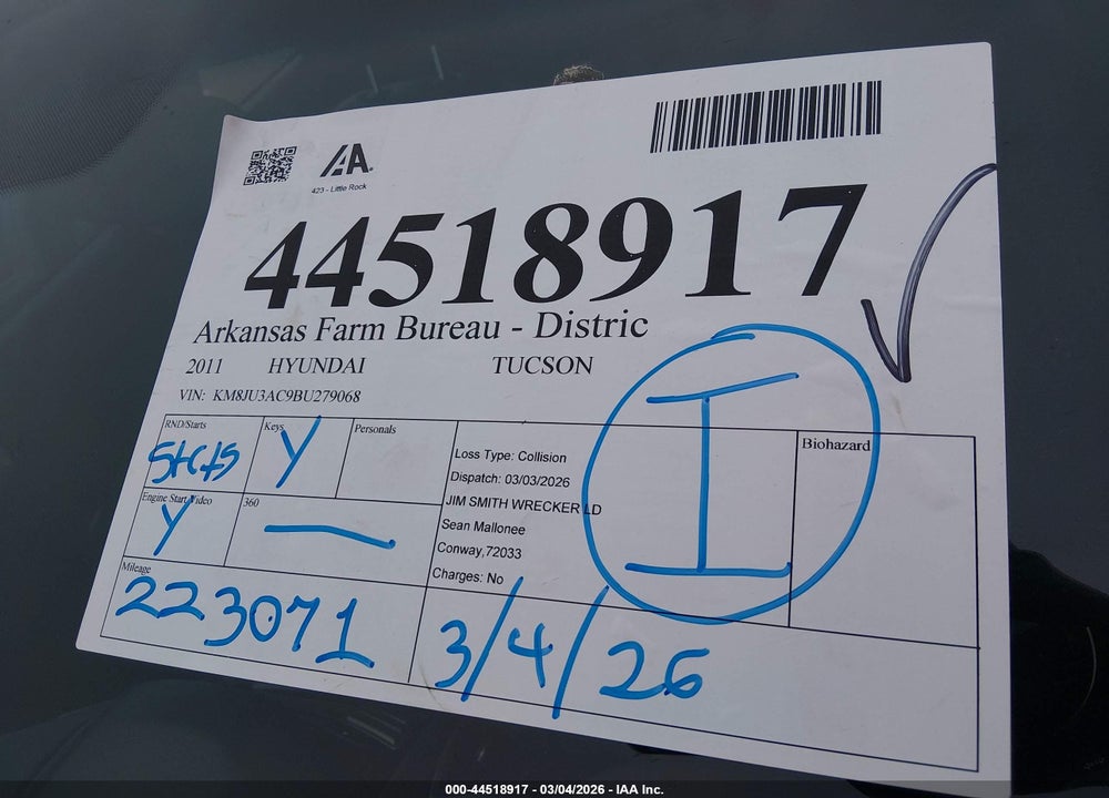 2011 HYUNDAI TUCSON GLS VIN: KM8JU3AC9BU279068