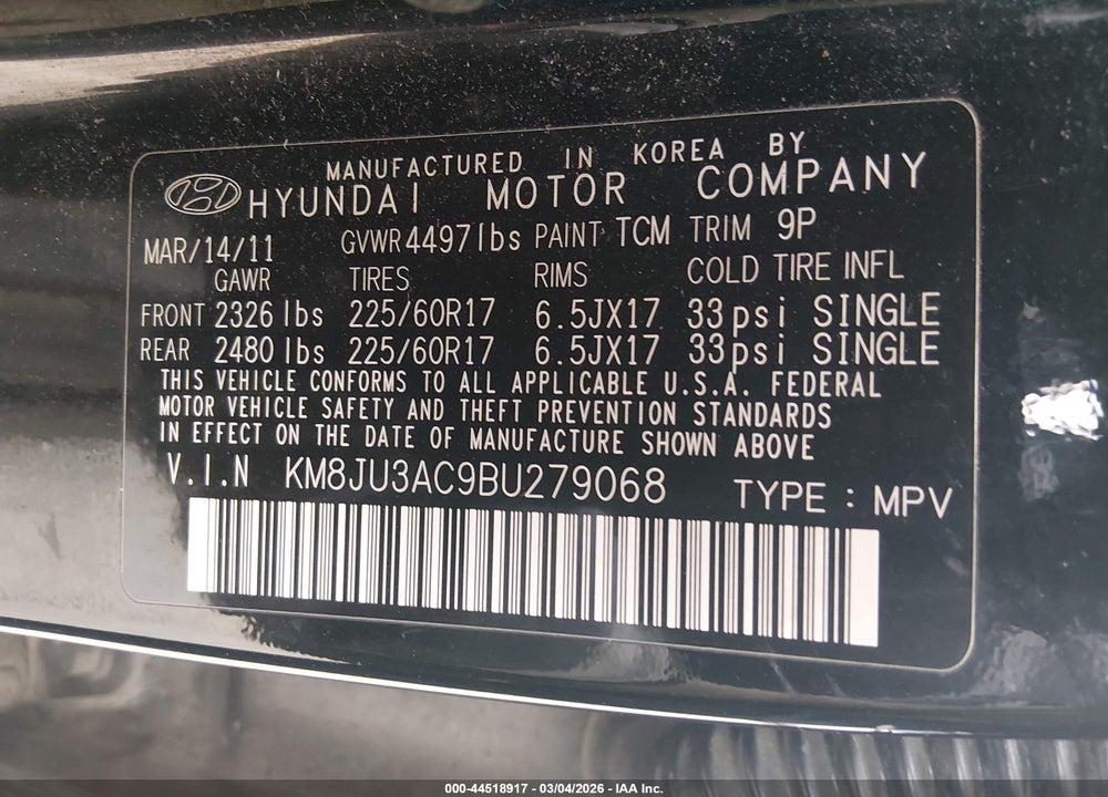 2011 HYUNDAI TUCSON GLS VIN: KM8JU3AC9BU279068