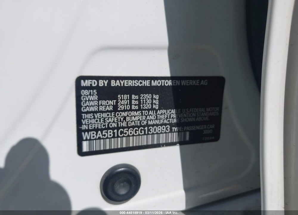 2016 BMW 535I VIN: WBA5B1C56GG130893