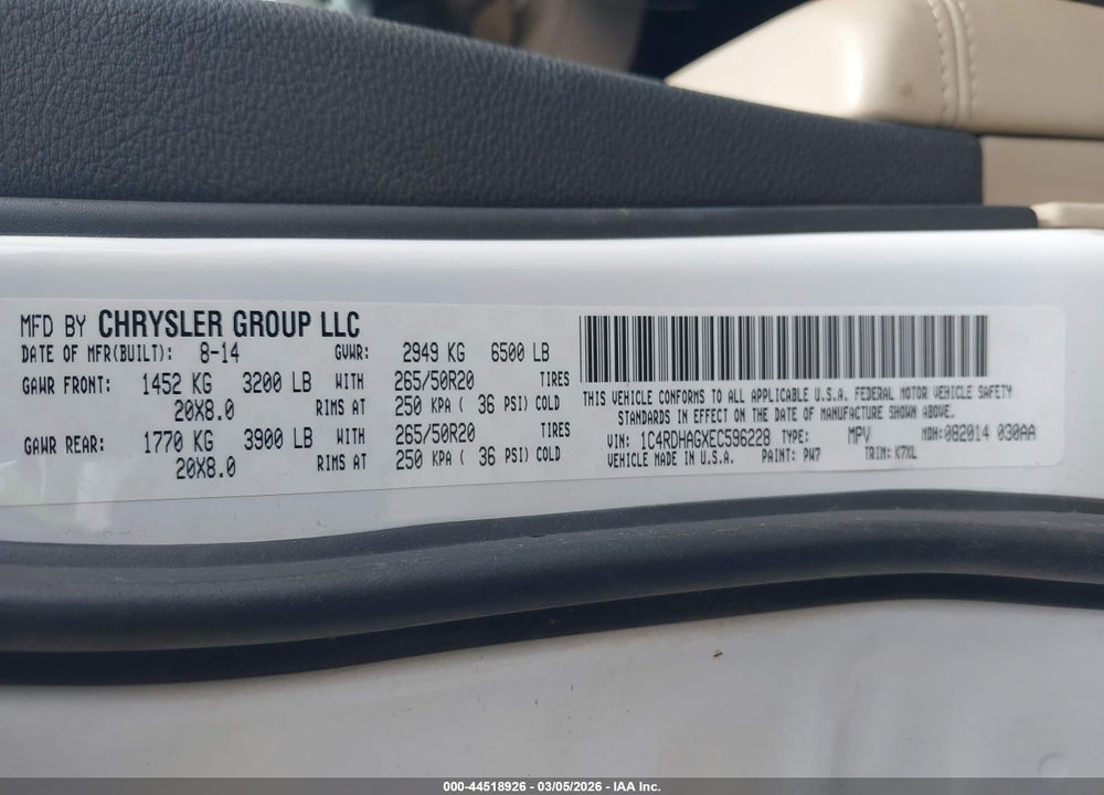2014 DODGE DURANGO SXT VIN: 1C4RDHAGXEC596228