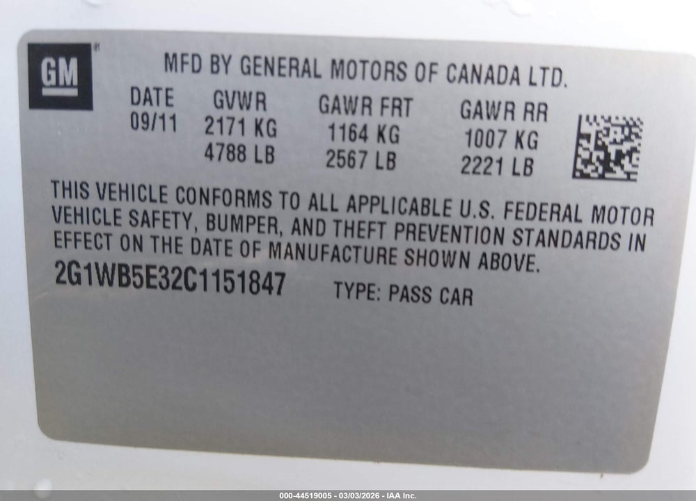 2012 CHEVROLET IMPALA LT VIN: 2G1WB5E32C1151847