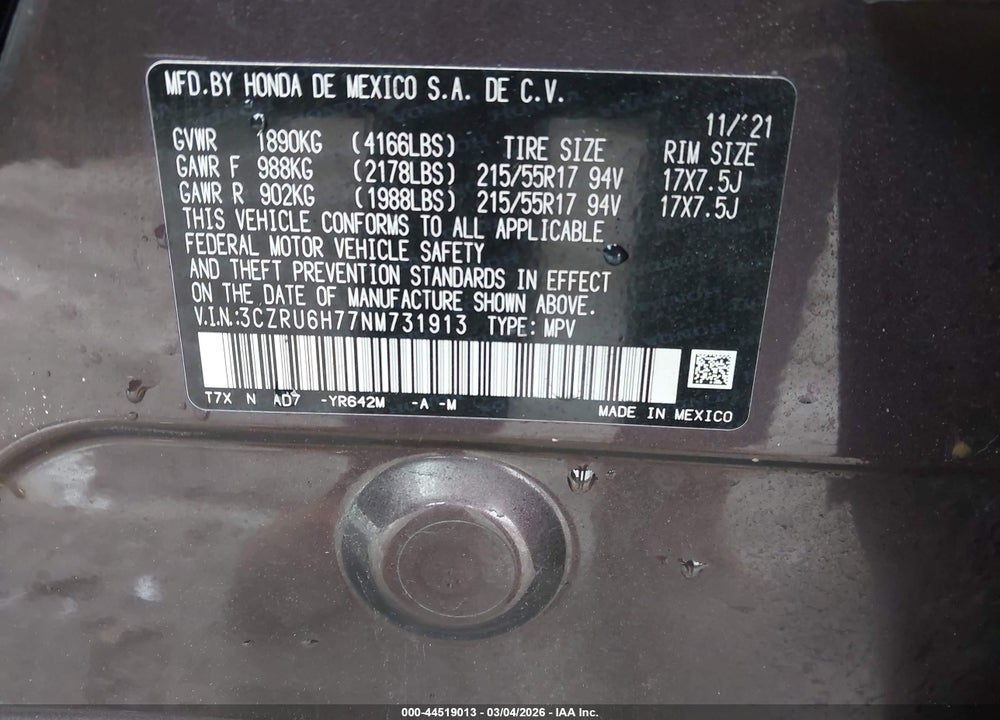 2022 HONDA HR-V AWD EX-L VIN: 3CZRU6H77NM731913