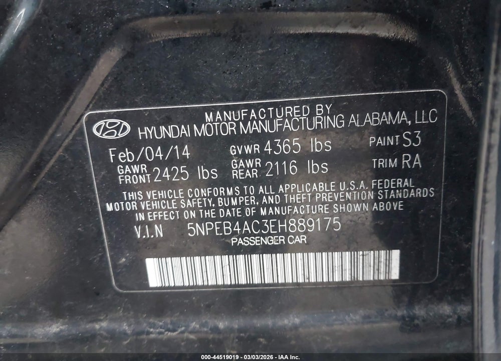 2014 HYUNDAI SONATA GLS VIN: 5NPEB4AC3EH889175