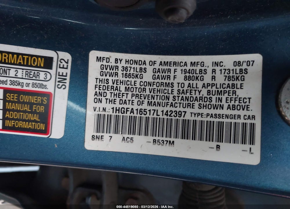 2007 HONDA CIVIC LX VIN: 1HGFA16517L142397