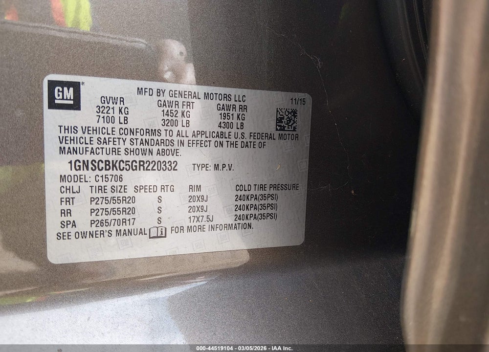 2016 CHEVROLET TAHOE LT VIN: 1GNSCBKC5GR220332
