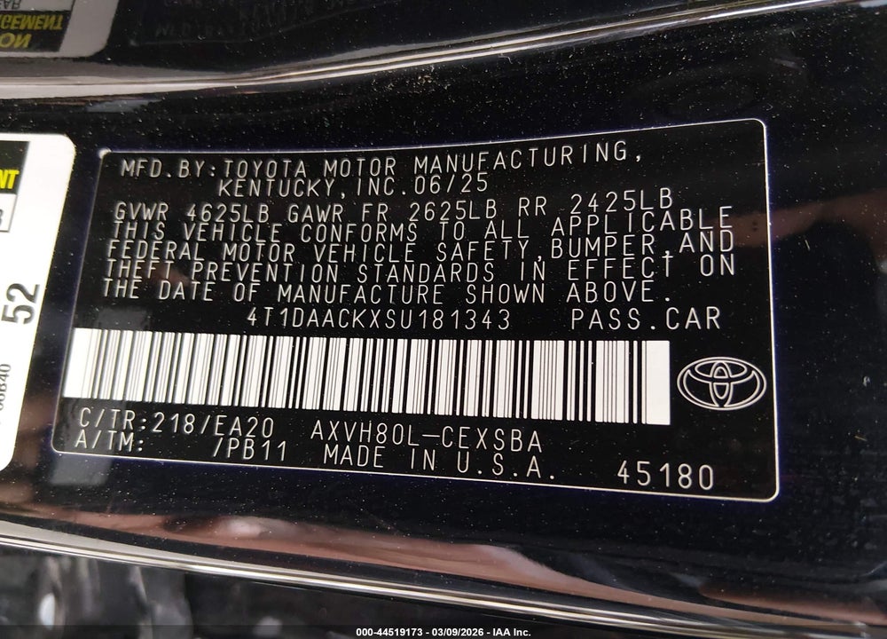 2025 TOYOTA CAMRY SE VIN: 4T1DAACKXSU181343