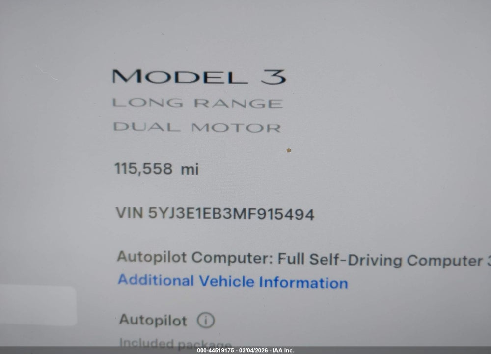 2021 TESLA MODEL 3 LONG RANGE DUAL MOTOR ALL-WHEEL DRIVE VIN: 5YJ3E1EB3MF915494
