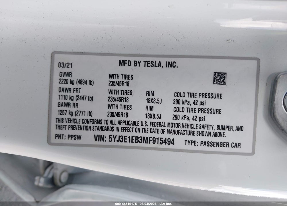 2021 TESLA MODEL 3 LONG RANGE DUAL MOTOR ALL-WHEEL DRIVE VIN: 5YJ3E1EB3MF915494