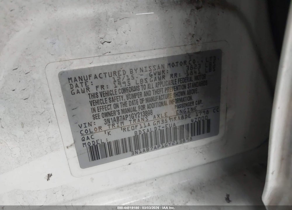 2016 NISSAN SENTRA SV VIN: 3N1AB7AP1GY213898