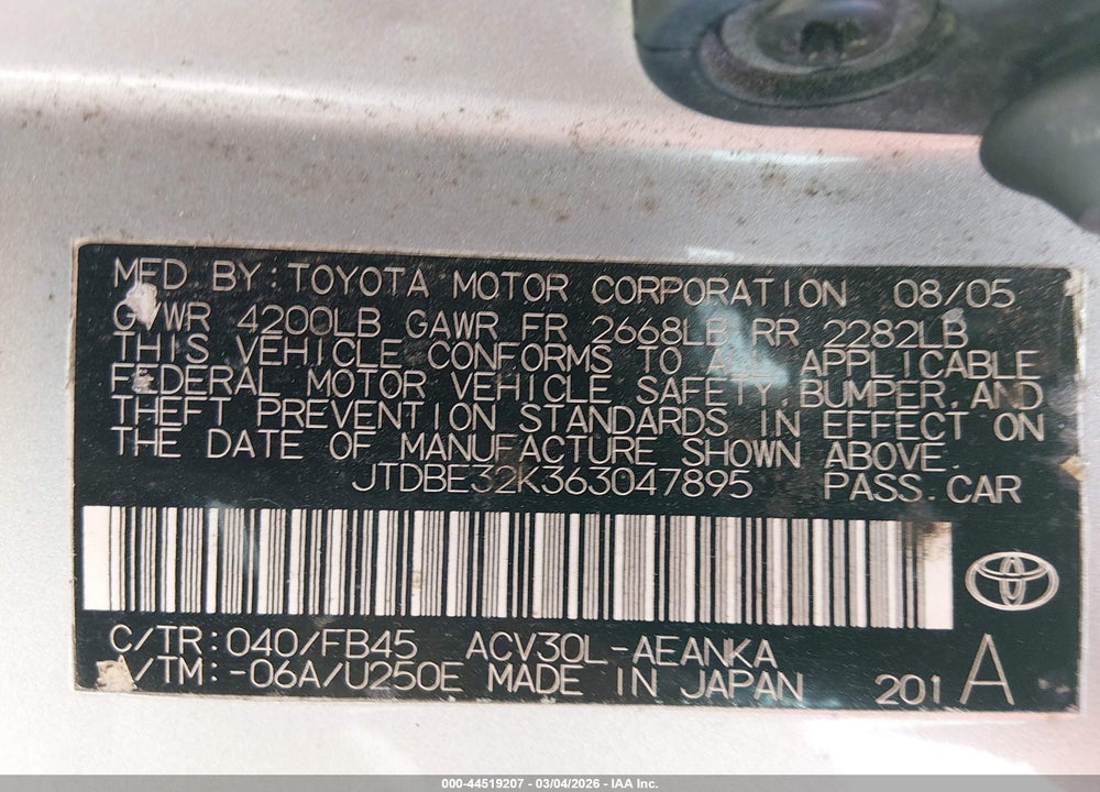 2006 TOYOTA CAMRY LE VIN: JTDBE32K363047895