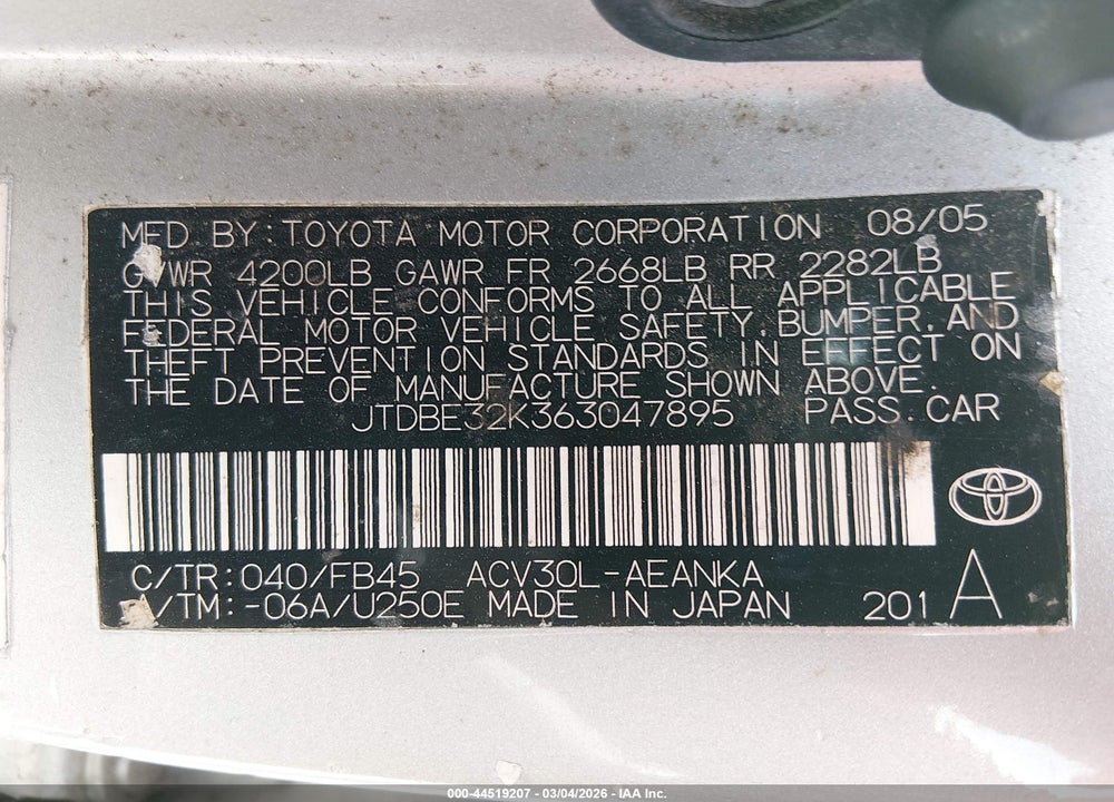 2006 TOYOTA CAMRY LE VIN: JTDBE32K363047895