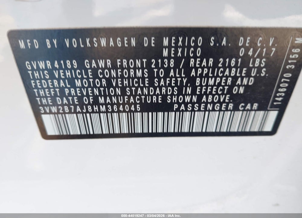 2017 VOLKSWAGEN JETTA 1.4T S VIN: 3VW2B7AJ8HM364045
