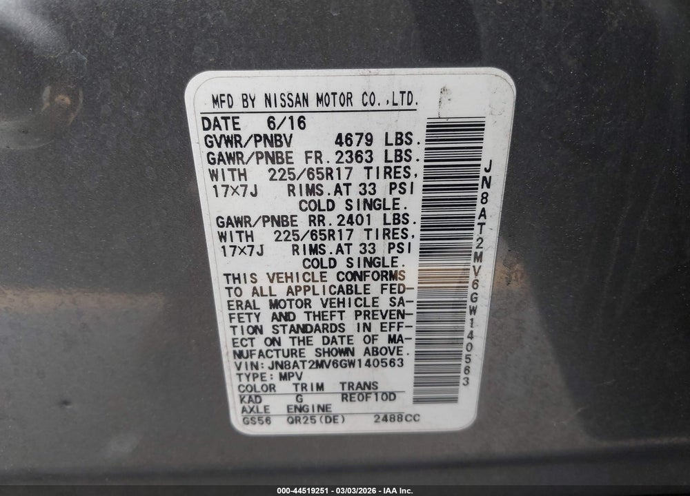 2016 NISSAN ROGUE S VIN: JN8AT2MV6GW140563