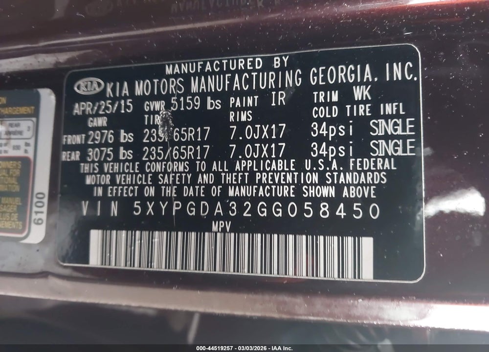 2016 KIA SORENTO 2.4L LX VIN: 5XYPGDA32GG058450