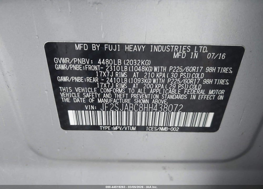 2017 SUBARU FORESTER 2.5I VIN: JF2SJABC8HH438072