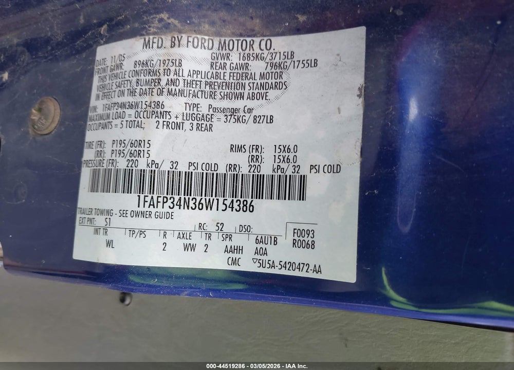 2006 FORD FOCUS ZX4 VIN: 1FAFP34N36W154386