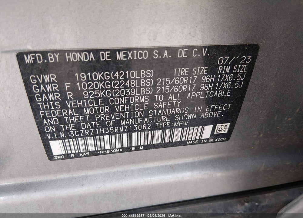 2024 HONDA HR-V 2WD LX VIN: 3CZRZ1H35RM713062