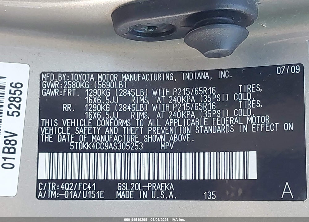 2010 TOYOTA SIENNA LE VIN: 5TDKK4CC9AS305253