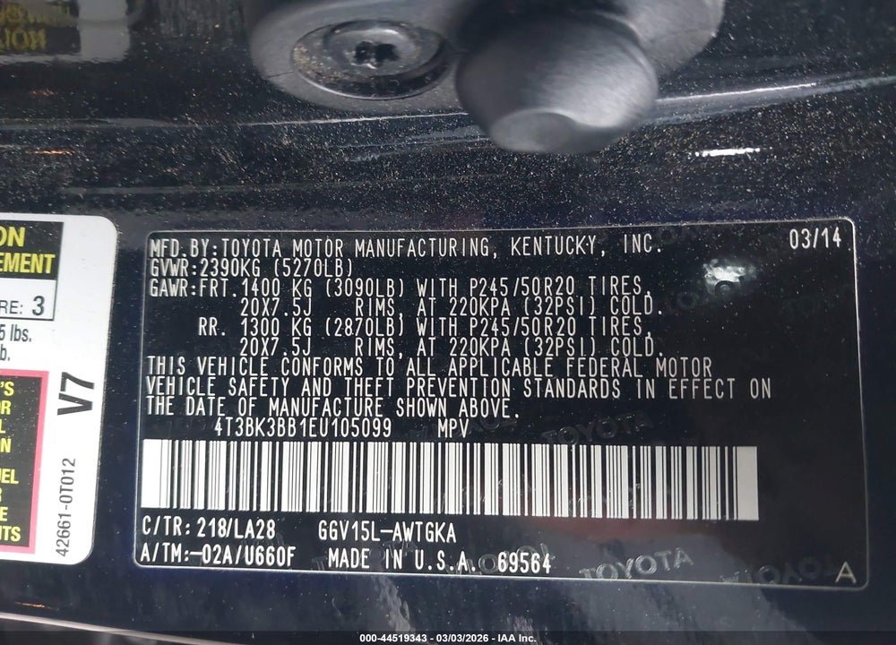 2014 TOYOTA VENZA XLE V6 VIN: 4T3BK3BB1EU105099