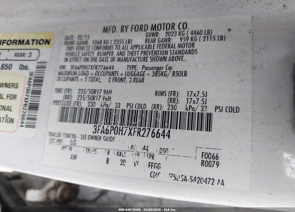 2015 FORD FUSION SE VIN: 3FA6P0H7XFR276644