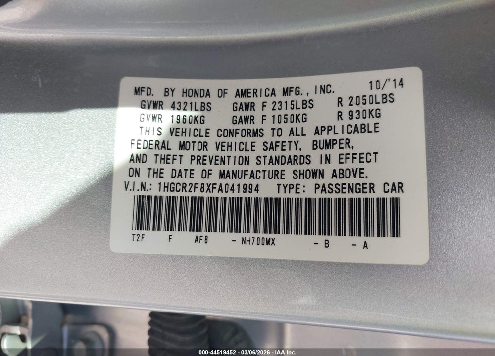 2015 HONDA ACCORD EX-L VIN: 1HGCR2F8XFA041994