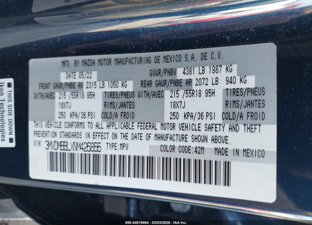 2022 MAZDA CX-30 SELECT VIN: 3MVDMBBLXNM426855
