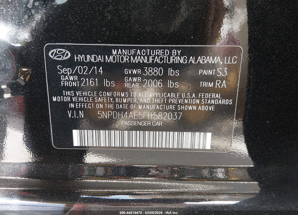 2015 HYUNDAI ELANTRA SE VIN: 5NPDH4AE5FH582037