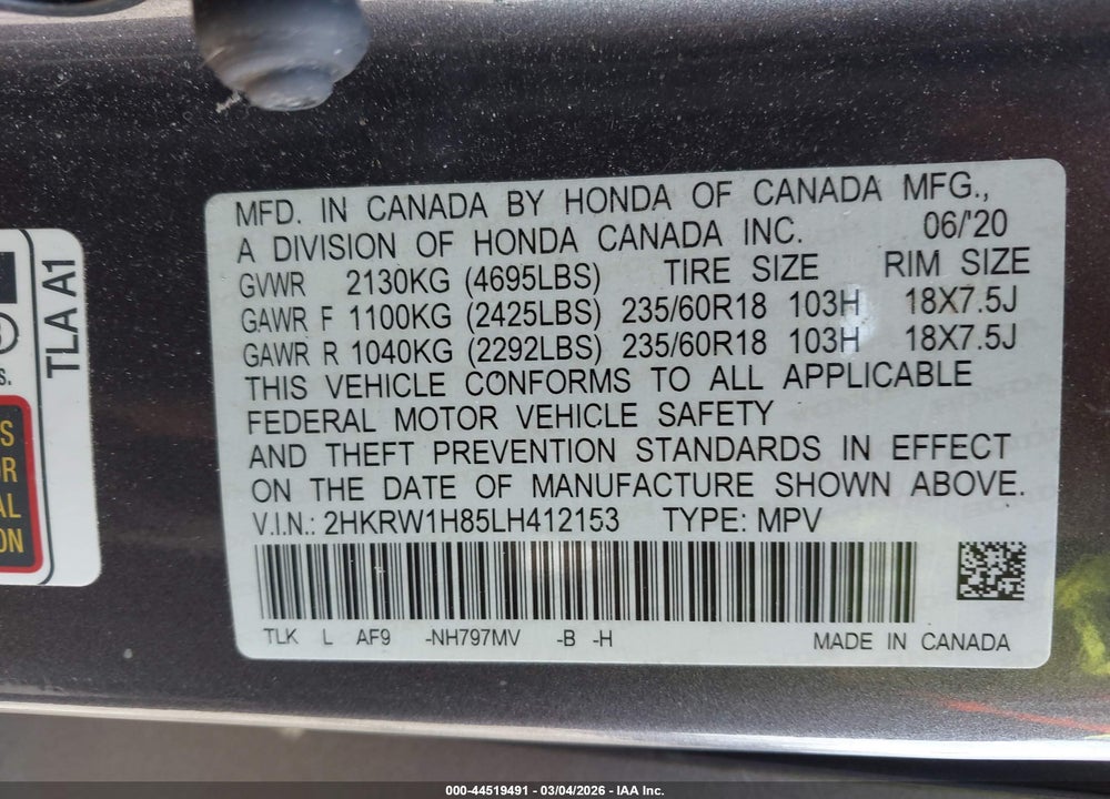 2020 HONDA CR-V 2WD EX-L VIN: 2HKRW1H85LH412153