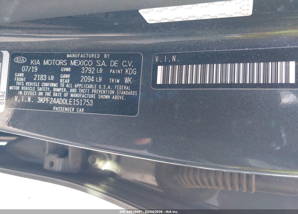 2020 KIA FORTE LXS VIN: 3KPF24AD0LE151753