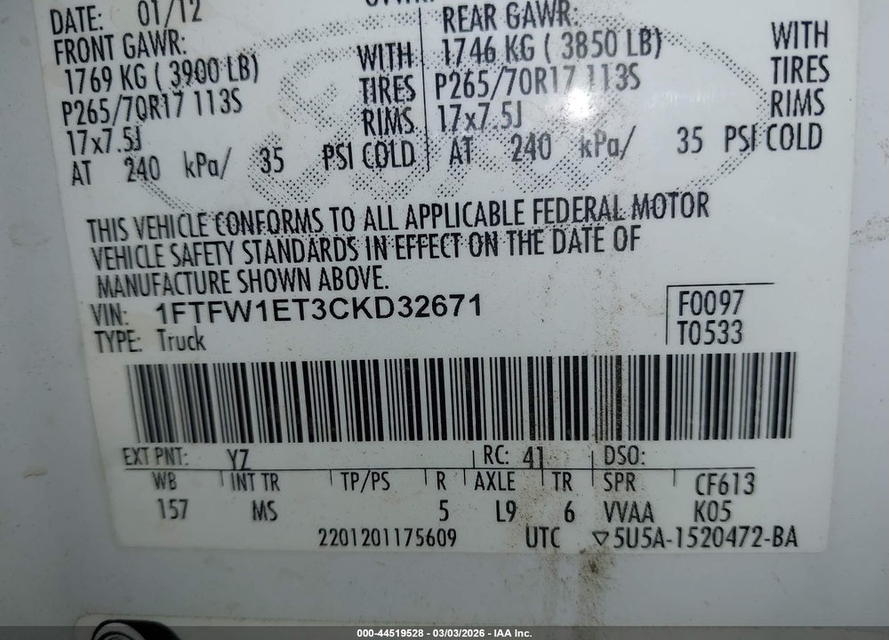 2012 FORD F-150 XLT VIN: 1FTFW1ET3CKD32671