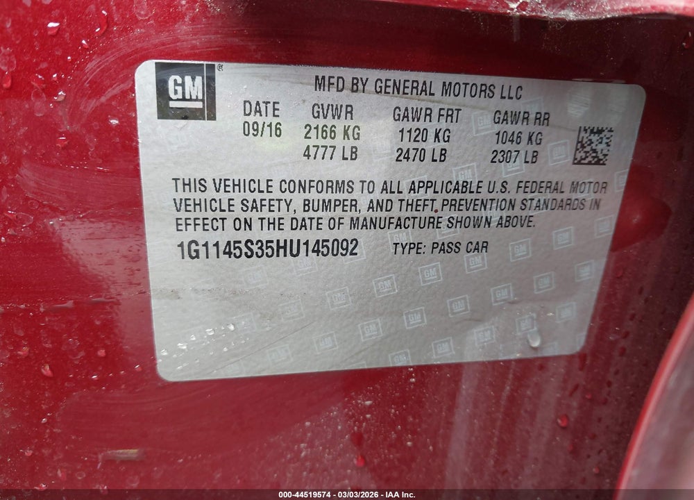 2017 CHEVROLET IMPALA 2LZ VIN: 1G1145S35HU145092