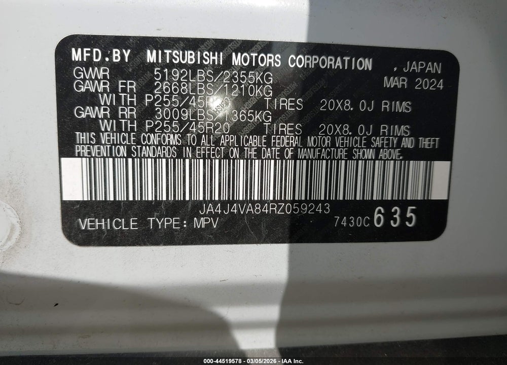 2024 MITSUBISHI OUTLANDER SE BLACK EDITION W/PANO ROOF S-AWC VIN: JA4J4VA84RZ059243