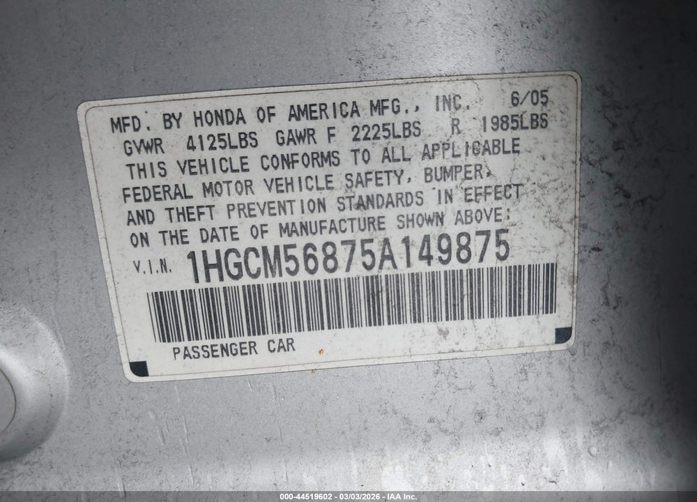 2005 HONDA ACCORD 2.4 EX VIN: 1HGCM56875A149875