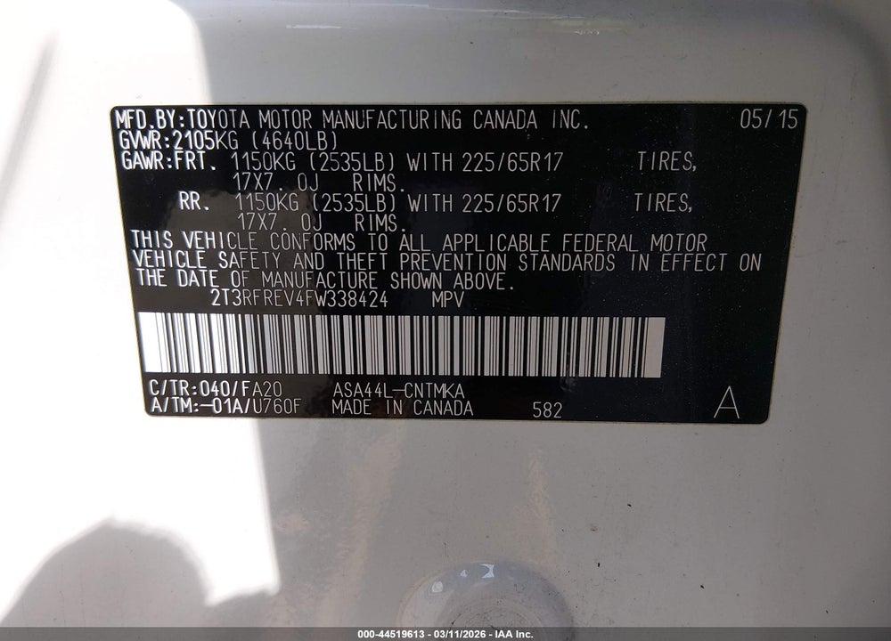 2015 TOYOTA RAV4 XLE VIN: 2T3RFREV4FW338424