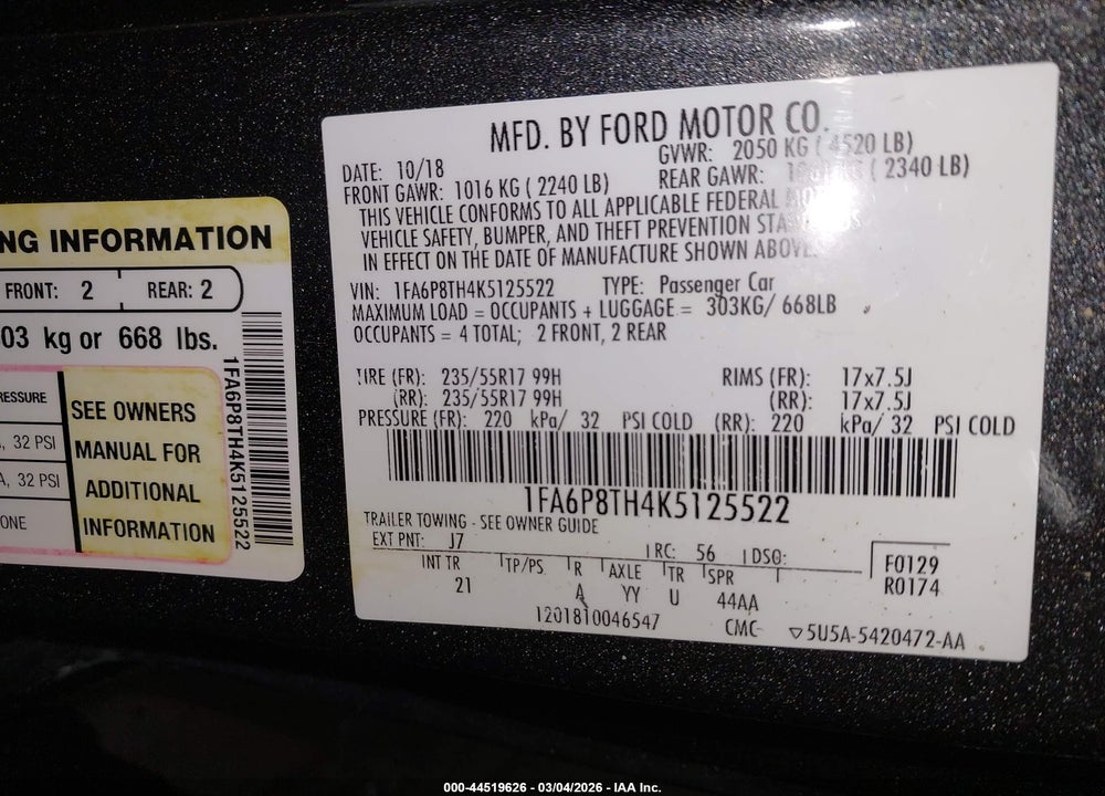 2019 FORD MUSTANG ECOBOOST VIN: 1FA6P8TH4K5125522