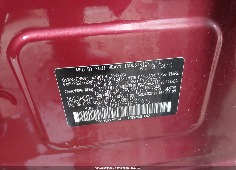 2014 SUBARU FORESTER 2.5I PREMIUM VIN: JF2SJAEC5EH456925