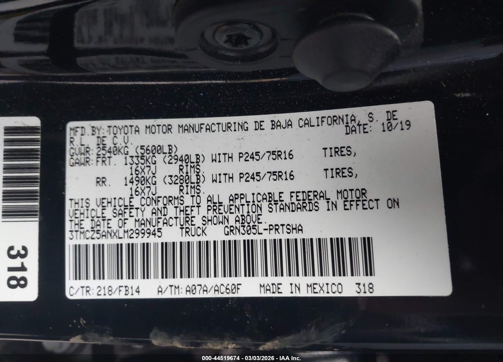 2020 TOYOTA TACOMA SR V6 VIN: 3TMCZ5ANXLM299945