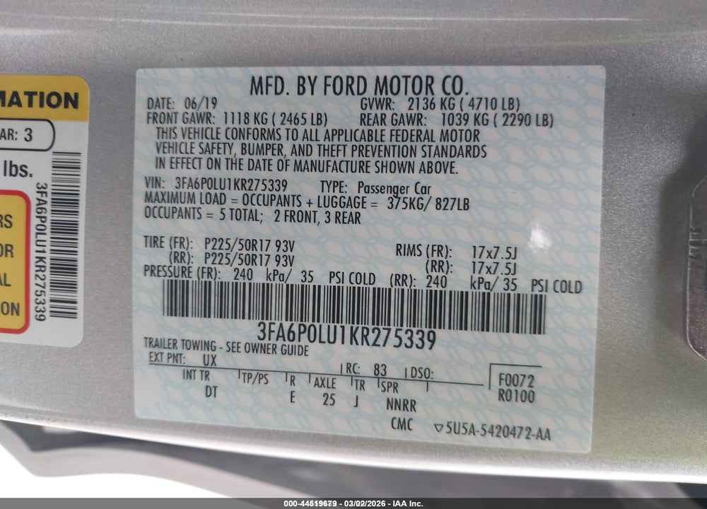2019 FORD FUSION HYBRID SE VIN: 3FA6P0LU1KR275339