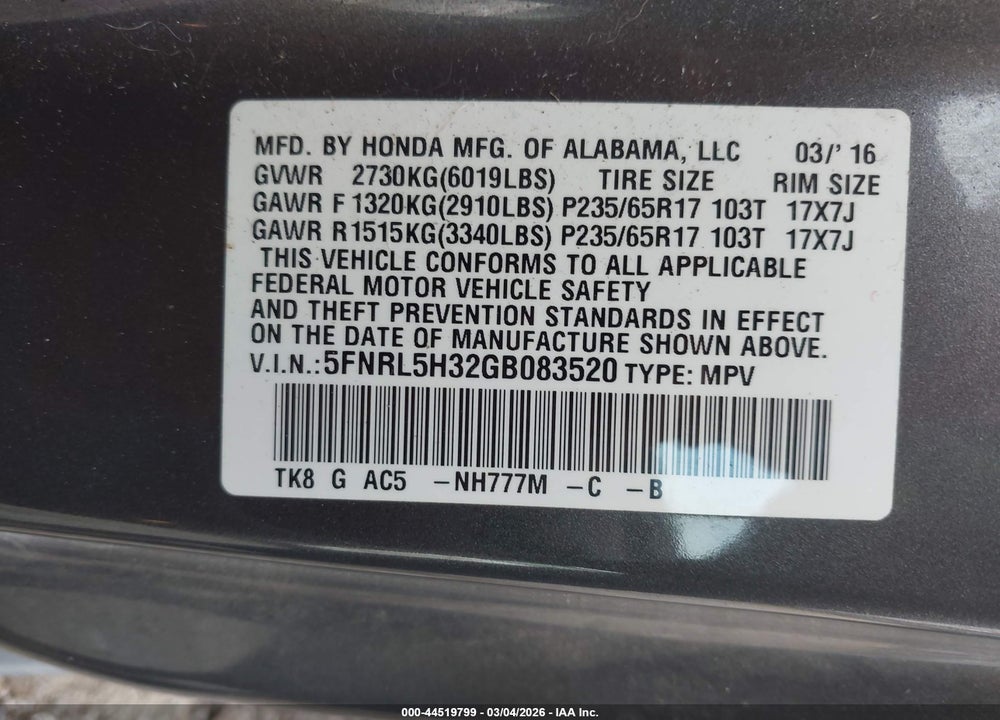2016 HONDA ODYSSEY SE VIN: 5FNRL5H32GB083520