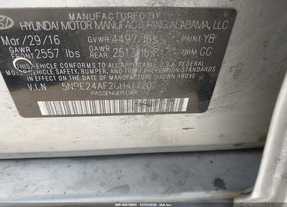 2016 HYUNDAI SONATA VIN: 5NPE24AF2GH417207